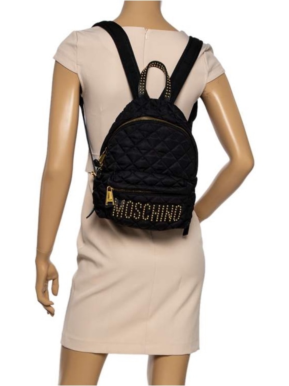 Moschino Black Quilted Mini Backpack with Gold Studded Logo